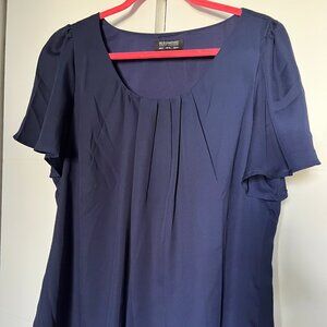 Bloomchic Women's Solid Pleated Flutter Round Neck Blouse in Navy Blue